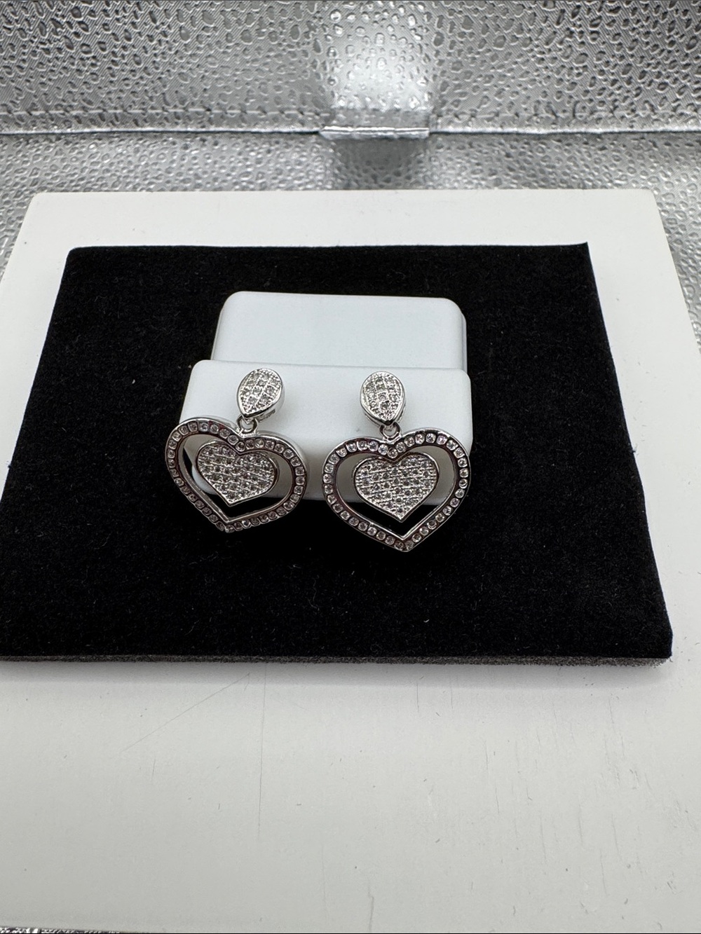 Pavé Heart Drop Earrings in Silver Tone